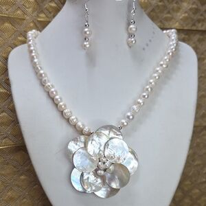 Freshwater Pearl Necklace, Flower MOP Pendant and Earring Set